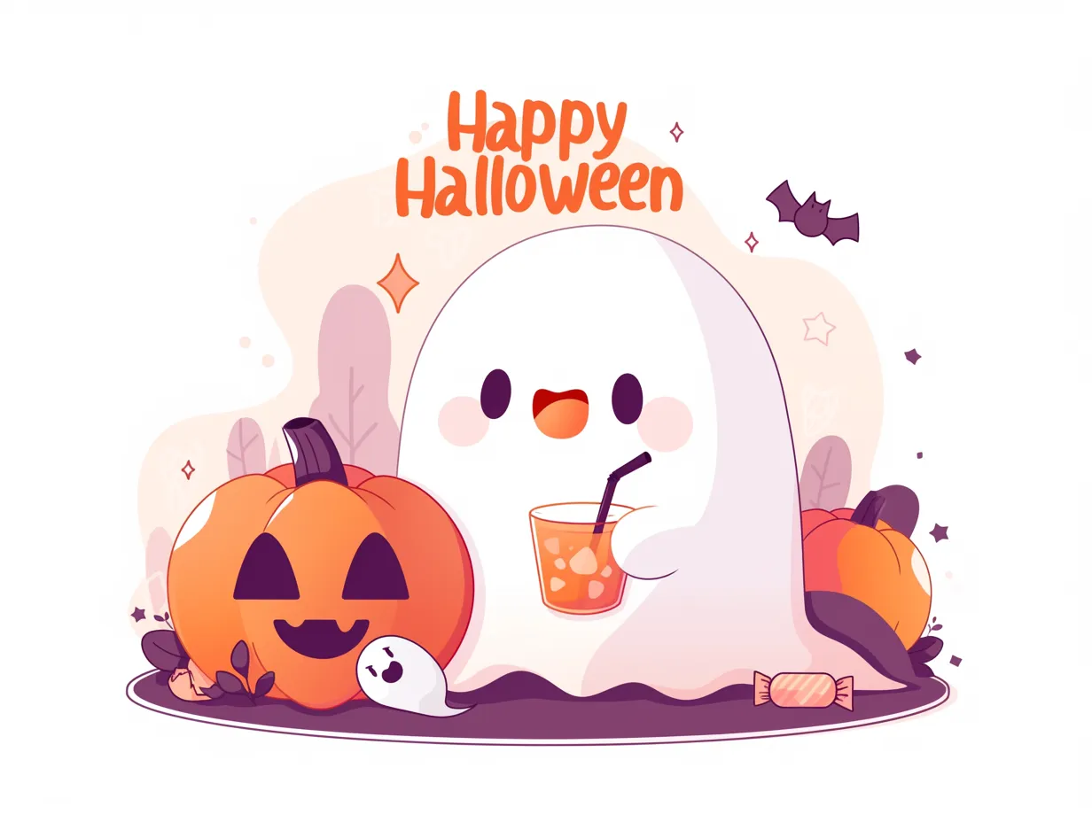 かわいいハロウィン・おばけとパンプキンの時間｜おばけがジュースを飲みながらハロウィンの夜を楽しむ様子を描いたゆるポップな1枚。オレンジと紫の配色が季節感を高め、背景の演出もさりげなく華やかです。