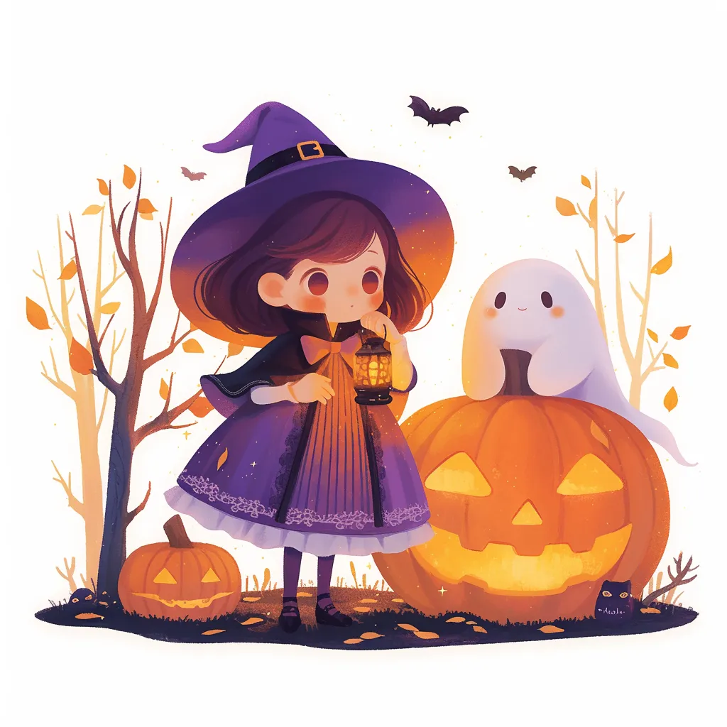 かわいいハロウィン・魔女少女とおばけの夜｜魔女姿の女の子とおばけがランタンを囲む幻想的なシーン。夕暮れのようなグラデーションや繊細なタッチが、絵本のワンシーンのようなやさしい物語性を感じさせます。