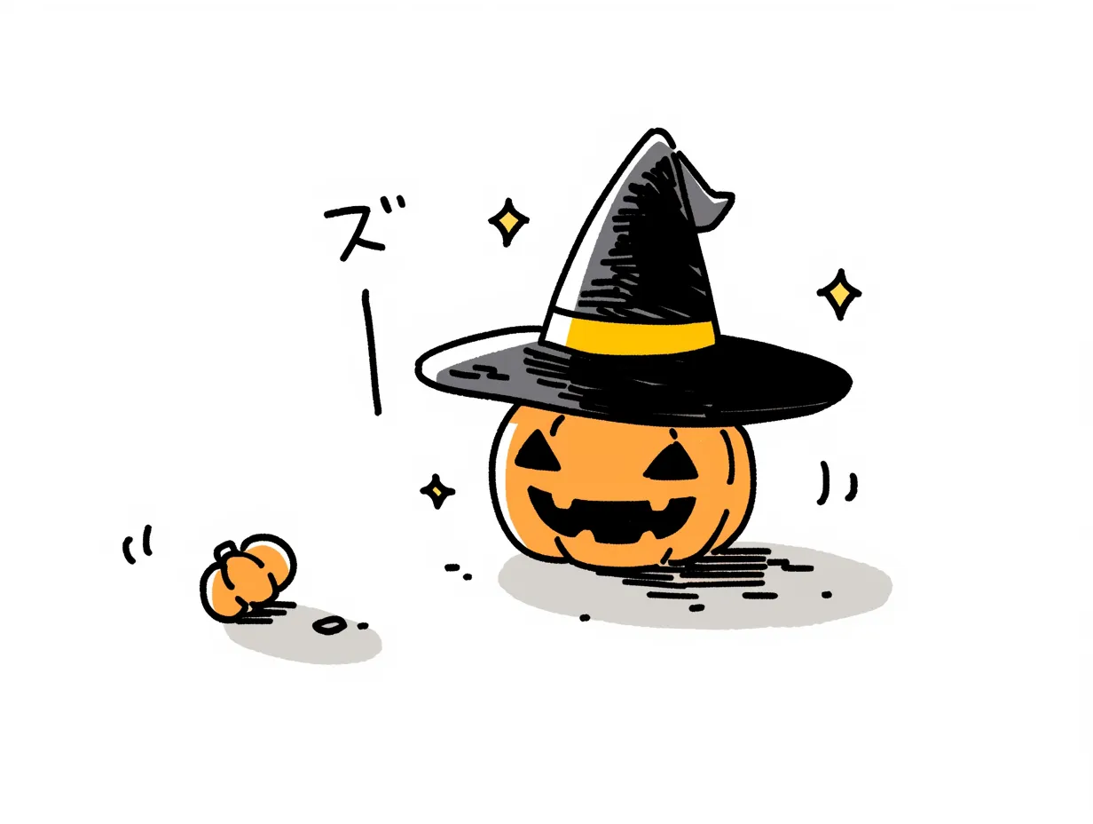 手書きハロウィン・魔女帽子とかぼちゃの演出｜大きな魔女帽子をかぶったかぼちゃが主役のユニークな構成。手描きのタッチに動き線やキラキラが加わり、コミカルで遊び心あふれる1枚になっています。