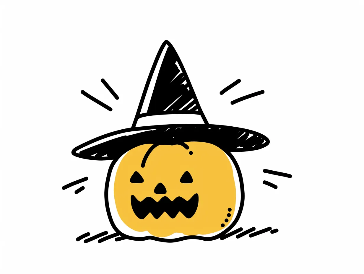手書きハロウィン・黒帽子のかぼちゃランタン｜黒の魔女帽子をかぶったオレンジのかぼちゃが中央に描かれたポップなデザイン。シンプルな線と配色で、アイコン的な使いやすさと明快な印象があります。