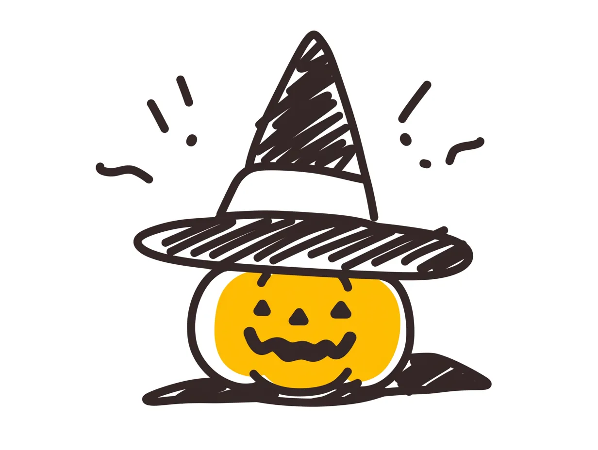 手書きハロウィン・にっこりかぼちゃの魔法時間｜笑顔のかぼちゃが魔女帽子をかぶって現れる楽しい場面。太めの手描き線とざっくり塗りが、絵日記のような親近感とハロウィンの温かさを演出します。