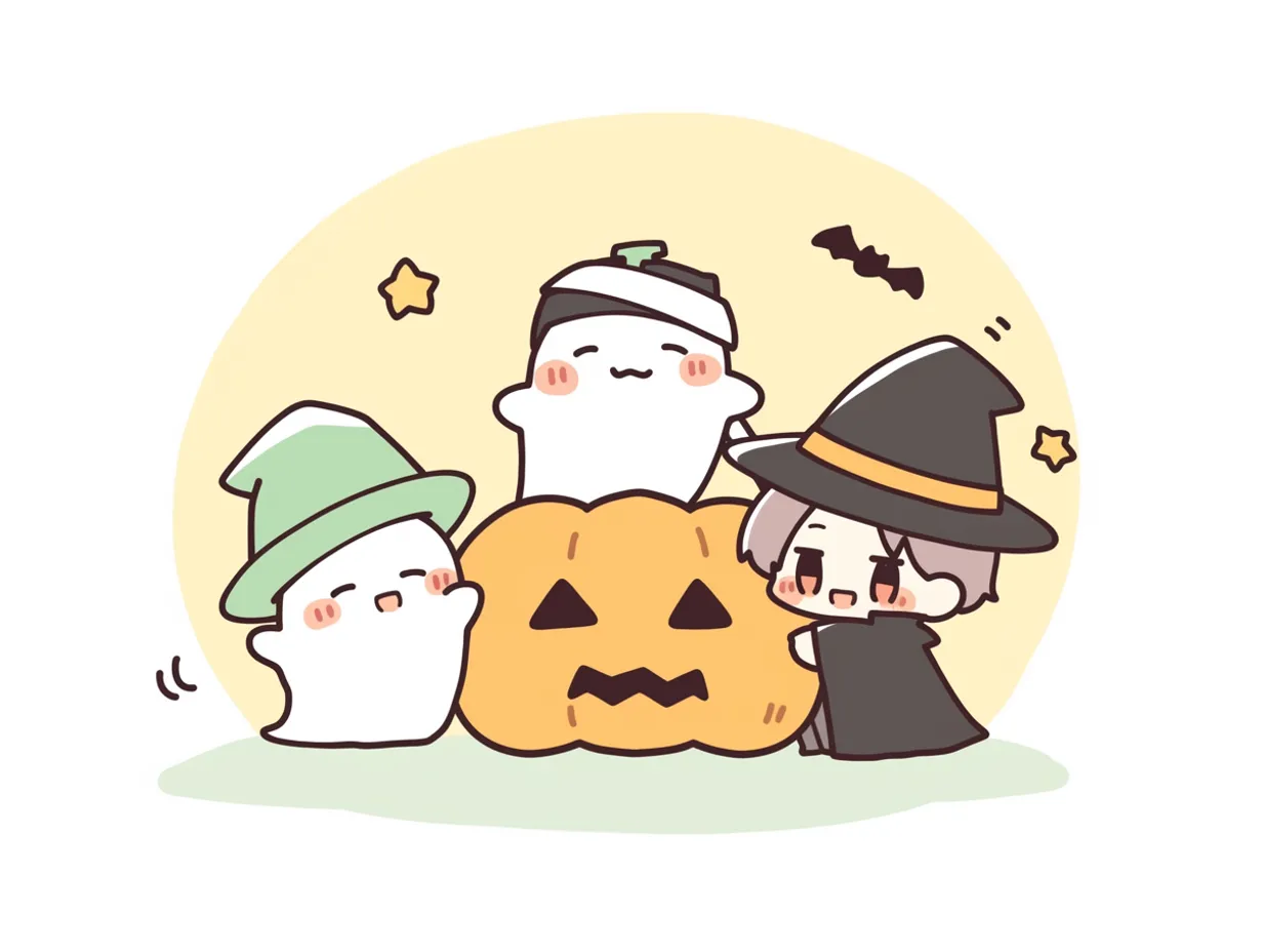 手書きハロウィン・おばけと子どものにぎやか仮装｜おばけ・ミイラ・魔女姿の子どもたちがかぼちゃのまわりで楽しむかわいい構成。ふんわりとした線と淡いトーンで、やさしく明るい手描き感に満ちた作品です。