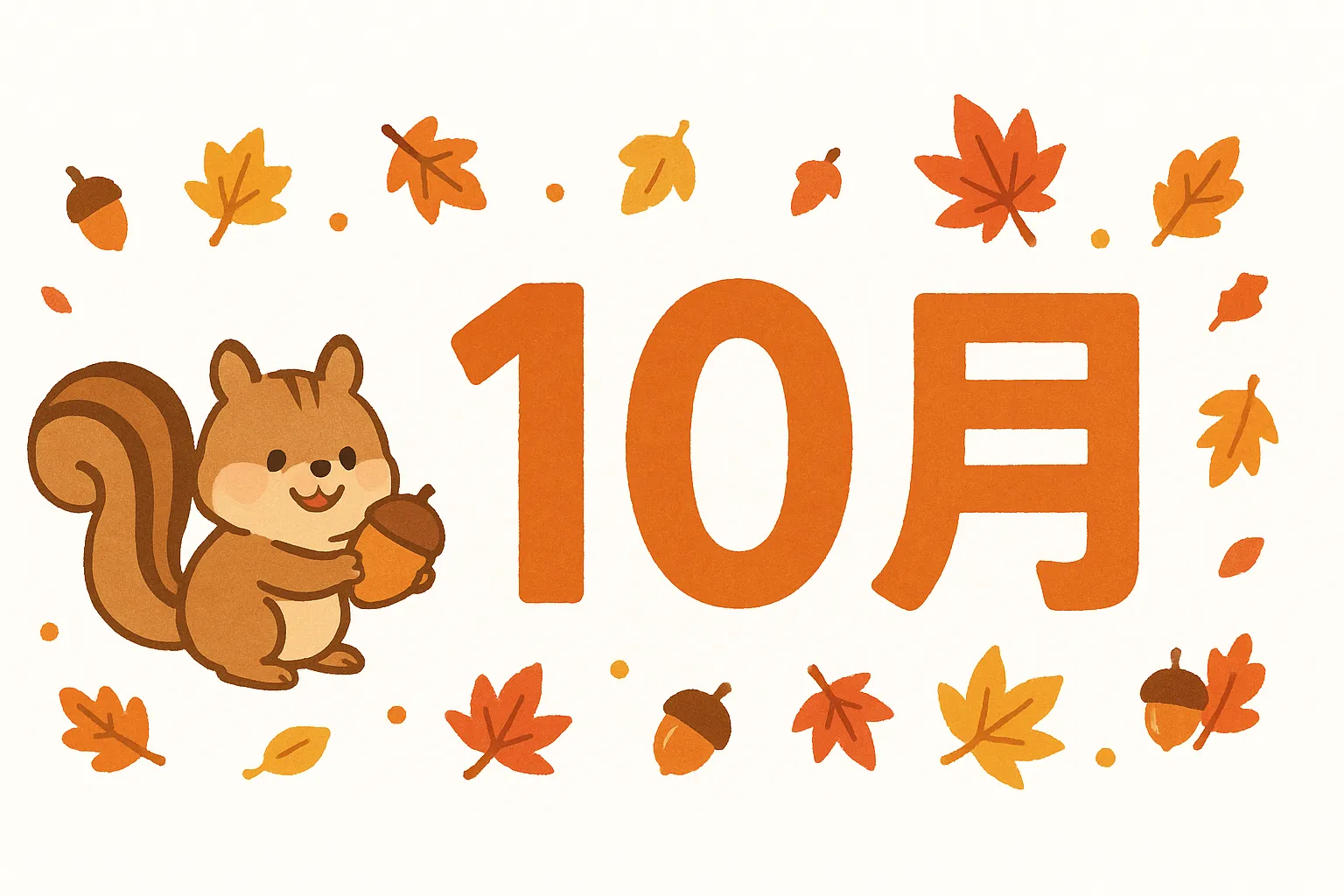 かわいい10月・リスと落ち葉の秋の森｜どんぐりを抱えたリスと、色とりどりの落ち葉たちが登場する、にぎやかで元気な10月イラスト。子ども向けにもぴったりの愛らしさです。