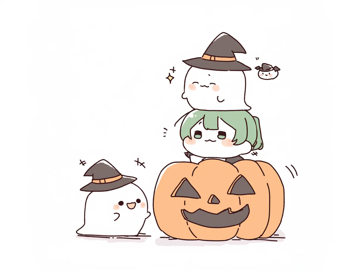 手書きハロウィン・かぼちゃタワーのバランスごっこ｜かぼちゃの上におばけや子どもがちょこんと乗るユーモアあふれる1枚。すっきりとした線とゆるい表情が、ほっこりとした楽しい空気を演出しています。