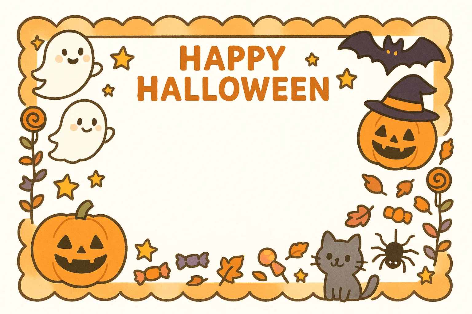 ハロウィンフレーム・にぎやか仲間たち｜おばけ、黒猫、カボチャ、キャンディなど、にぎやかなモチーフで彩られた手書き風ハロウィンフレーム。温かみのある色と可愛らしいタッチが魅力。