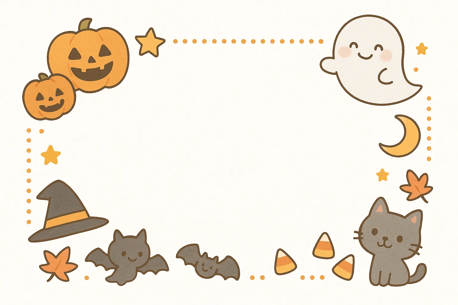ハロウィンフレーム・星と黒猫の夜｜星や月、おばけや黒猫が登場する柔らかい色使いのフレーム。手描き風の素朴な線とバランスの取れた構図で、優しい夜の雰囲気を表現。