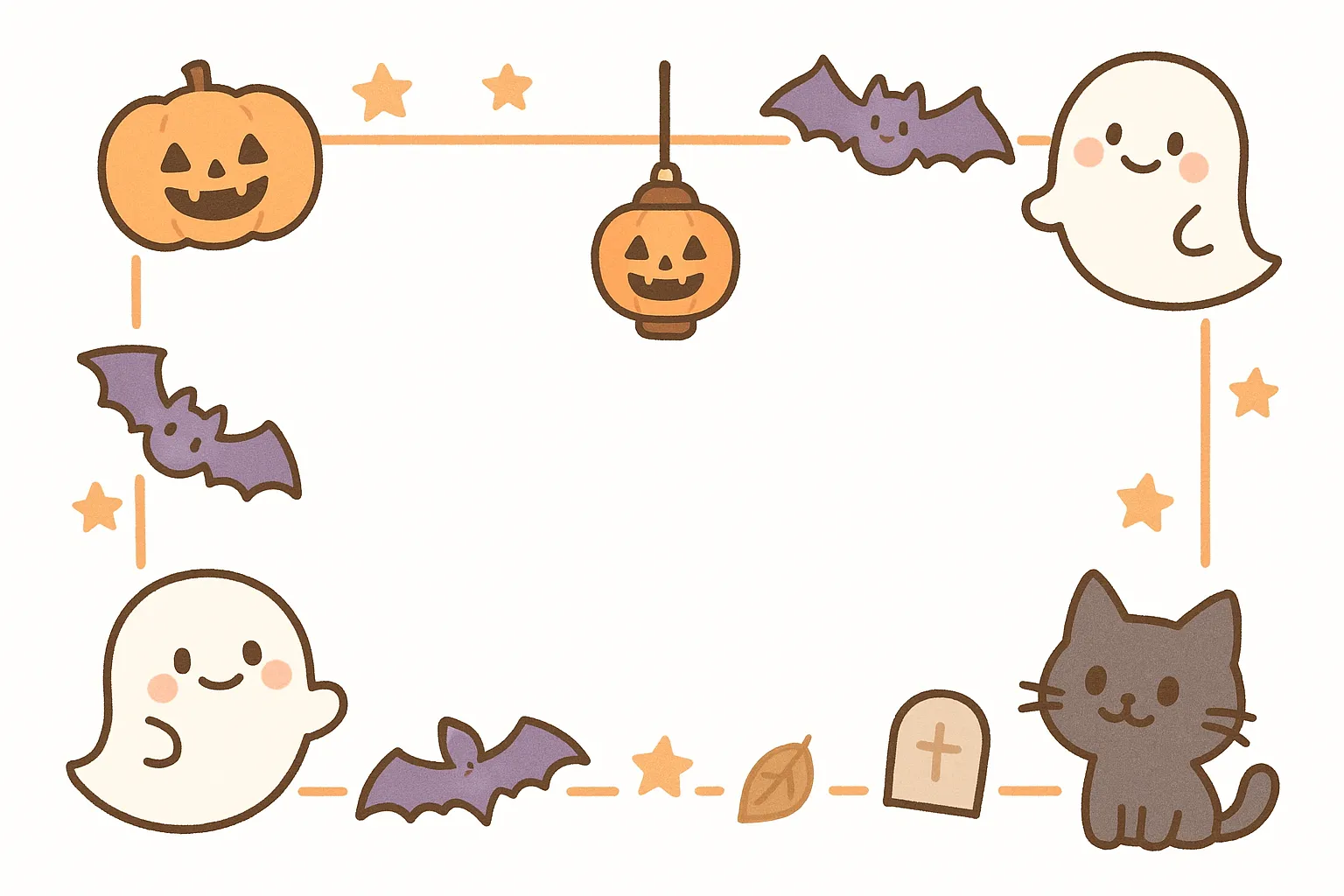 ハロウィンフレーム・こうもりとランタン｜こうもりやランタン、お墓などのモチーフが可愛く配された手描きハロウィンフレーム。丸みを帯びた線と統一感のある配色で安心感を与える。