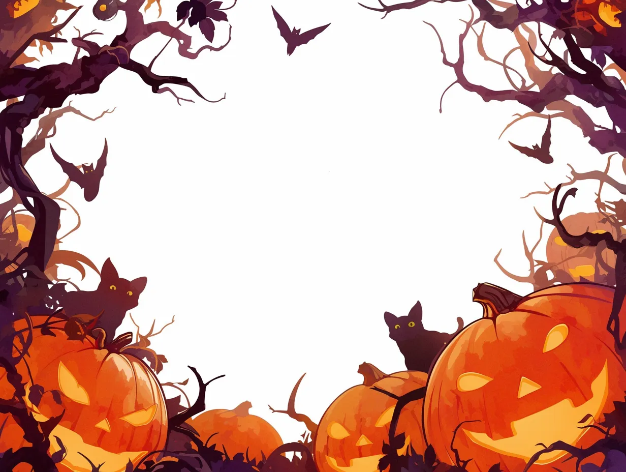 ハロウィンフレーム・黒猫と怪しい森｜シルエット調で描かれた黒猫やカボチャが、ツタと一体になって枠を構成する幻想的なフレーム。深い紫と橙のコントラストが印象的。