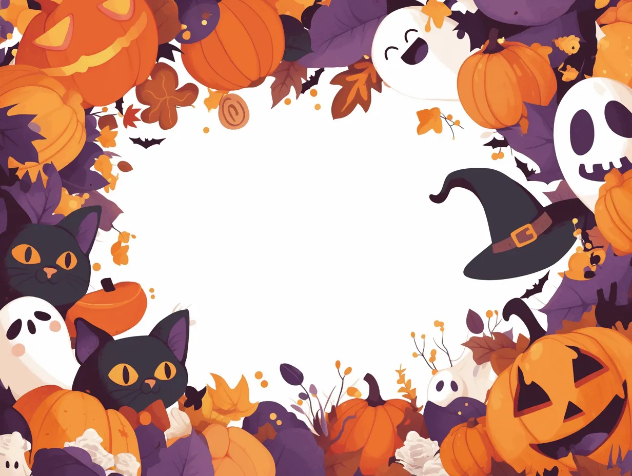 ハロウィンフレーム・ポップな森の仲間たち｜黒猫やカボチャ、おばけが勢揃いのにぎやかハロウィンフレーム。手描き風の太めの線とカラフルな構図で楽しく賑やかな印象を演出。