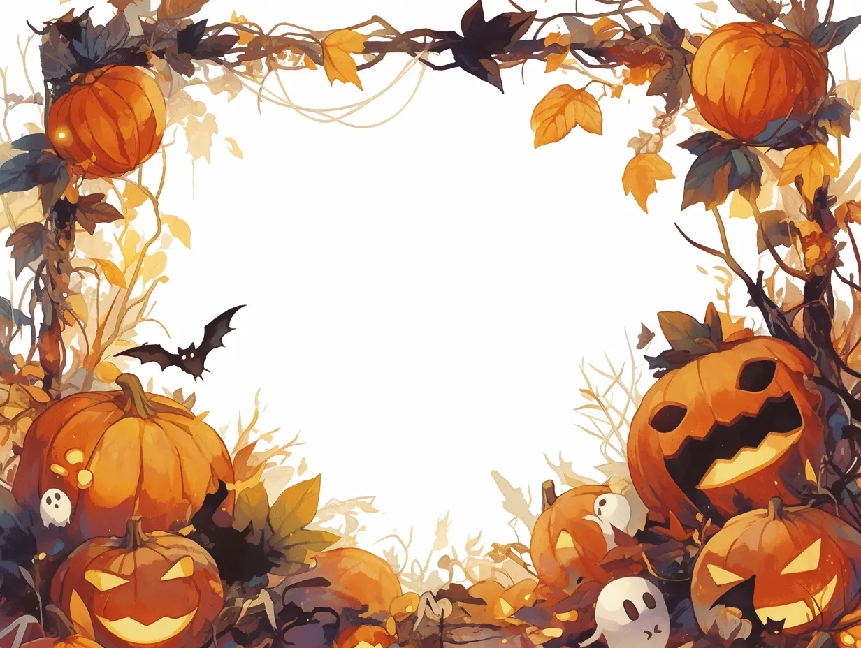 ハロウィンフレーム・紅葉のかぼちゃ畑｜紅葉の蔓とパンプキンが一体となった、自然モチーフ中心のフレーム。手描きの風合いと温かい配色が、秋らしい落ち着きと優しさを醸し出す。