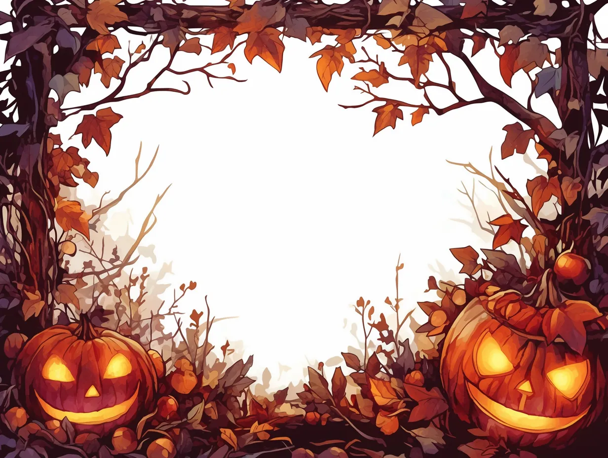 ハロウィンフレーム・森のかぼちゃランタン｜太い枝葉で縁取られた中に、大小のかぼちゃランタンが配置された幻想的な構成。赤茶を基調とした色合いが夕暮れのような雰囲気を漂わせる。