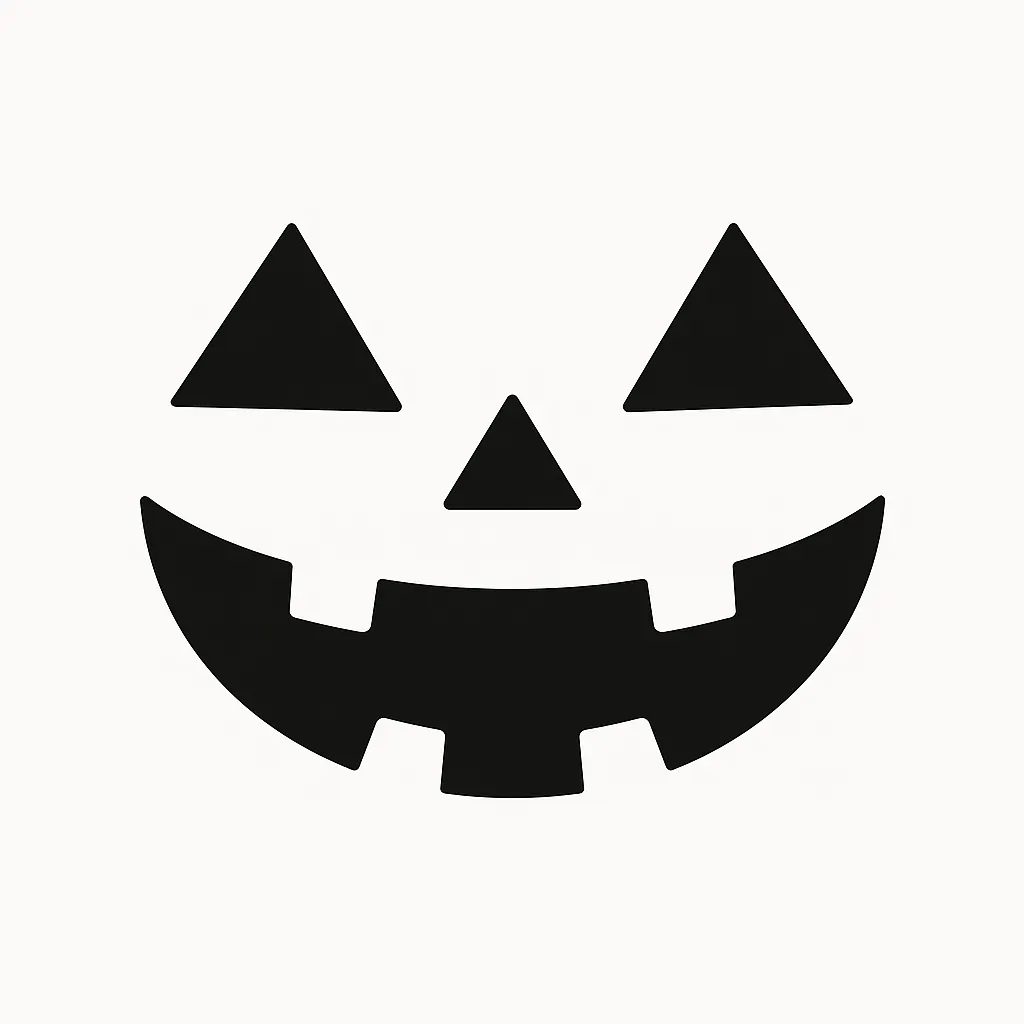 ハロウィン顔／ベーシックジャック風笑顔｜三角の目と鼻、大きく湾曲した口元が特徴の定番ジャック・オー・ランタン風の顔デザイン。シンプルながらも温かみがあり、ポップなハロウィン感を演出します。