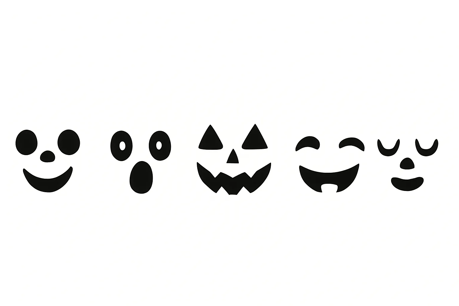 ハロウィン顔／多彩な表情シルエット集｜スマイル、驚き、寝顔などさまざまな感情を表現したハロウィン風フェイスセット。黒一色のシルエットで構成され、使い勝手の良い装飾素材にぴったり。