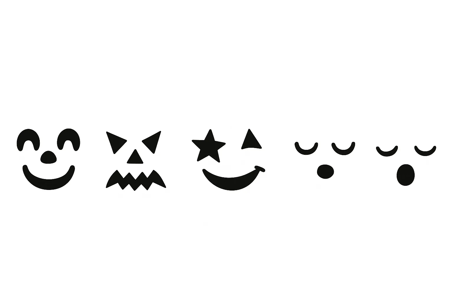 ハロウィン顔／個性派ジャック集合デザイン｜星目やギザ歯など個性あふれる顔が並ぶユニークなハロウィン顔シリーズ。可愛らしさと遊び心がミックスされたデザインで、子ども向けの演出にも最適です。