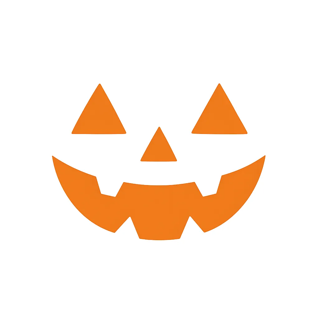 ハロウィン顔／オレンジ抜き型ジャック｜鮮やかなオレンジの顔パーツが白地に映えるフラットデザイン。視認性が高く、シンボリックで使いやすいハロウィンの飾りパーツとしても便利です。