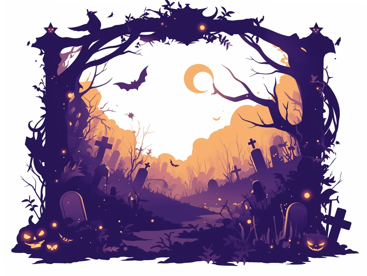 ハロウィン背景／シルエット調の墓地の道｜黒紫と橙のコントラストが印象的なシルエット背景。奥行きのある構図と月明かりが、静寂と神秘を感じさせる落ち着いた雰囲気を演出します。