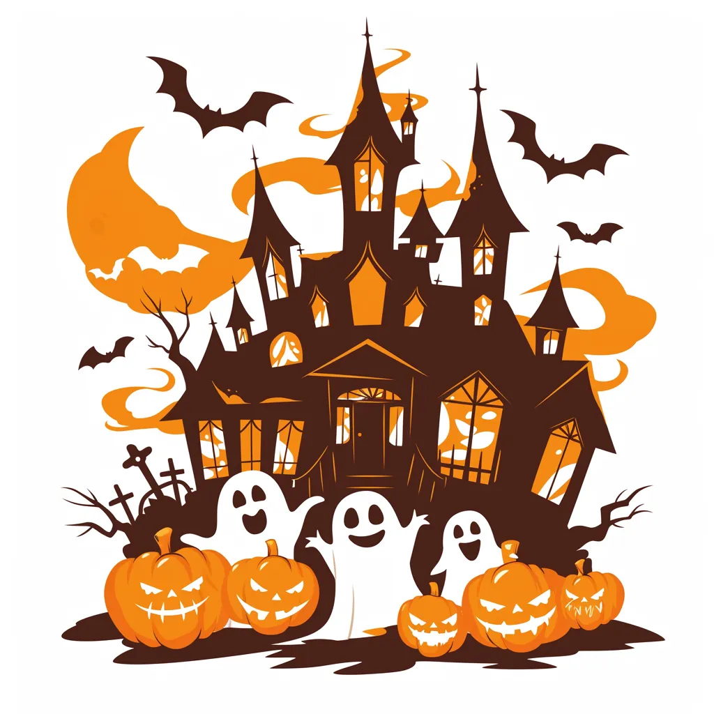 ハロウィン背景／お化け屋敷と仲間たち｜ポップでアメコミ風の線画で描かれたお化け屋敷とキャラクターたち。オレンジと茶系の明快な色使いで、楽しくにぎやかなハロウィン気分を盛り上げます。