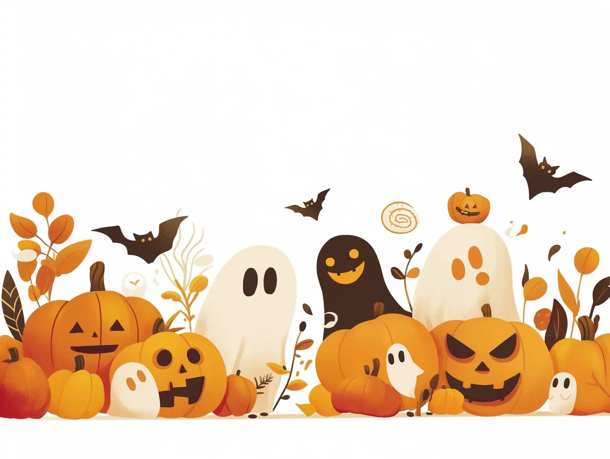 ハロウィン背景／ほっこりゴーストとカボチャ｜淡いトーンの配色で優しい印象に仕上げた背景。可愛らしいゴーストと素朴なカボチャたちが並び、柔らかな秋の空気を感じさせる癒し系デザインです。