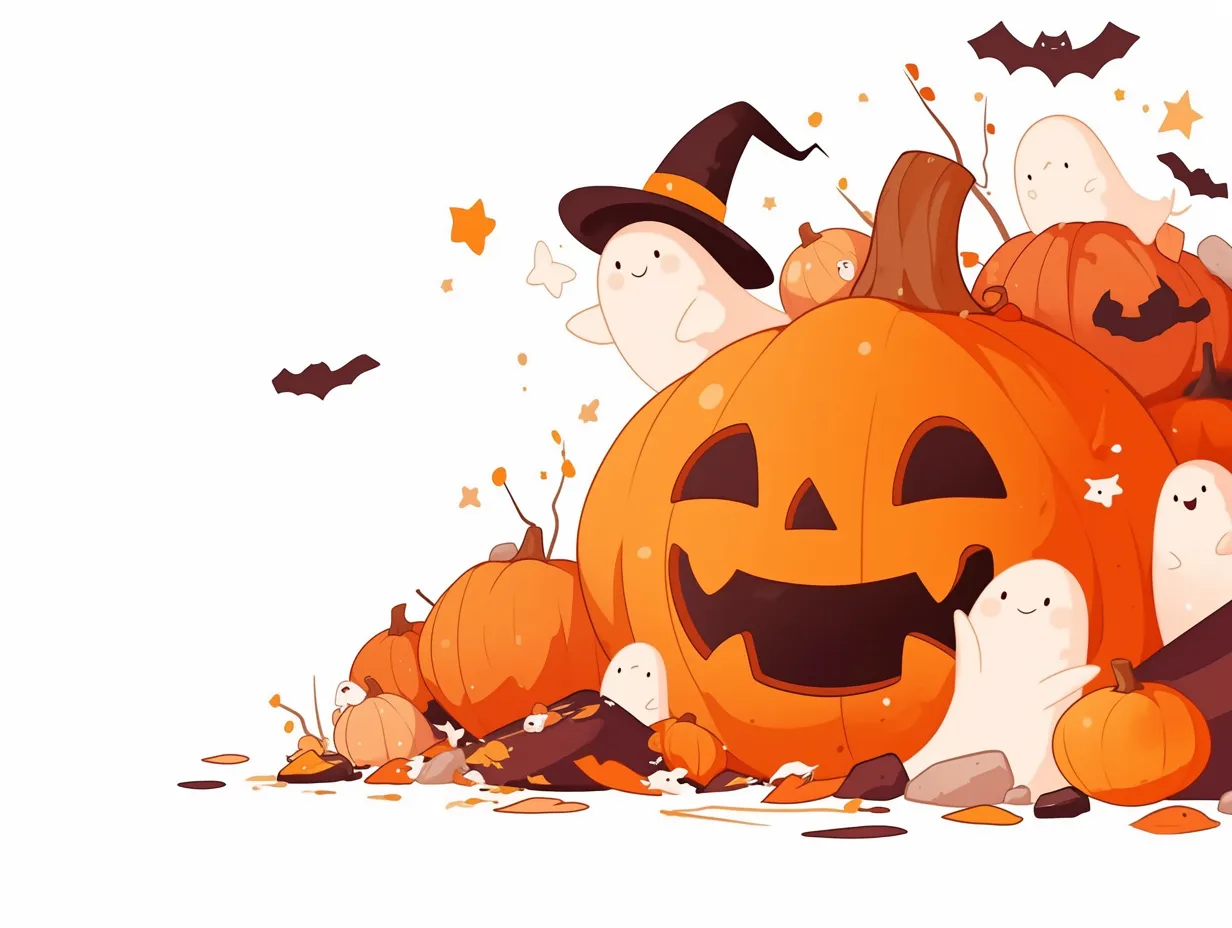 ハロウィン背景／大きなカボチャとおばけ｜主役級の大きなカボチャと、にっこり笑うゴーストたちが印象的。パーツが丸く柔らかいため、可愛らしさとにぎやかさを両立させた温かみある構図です。