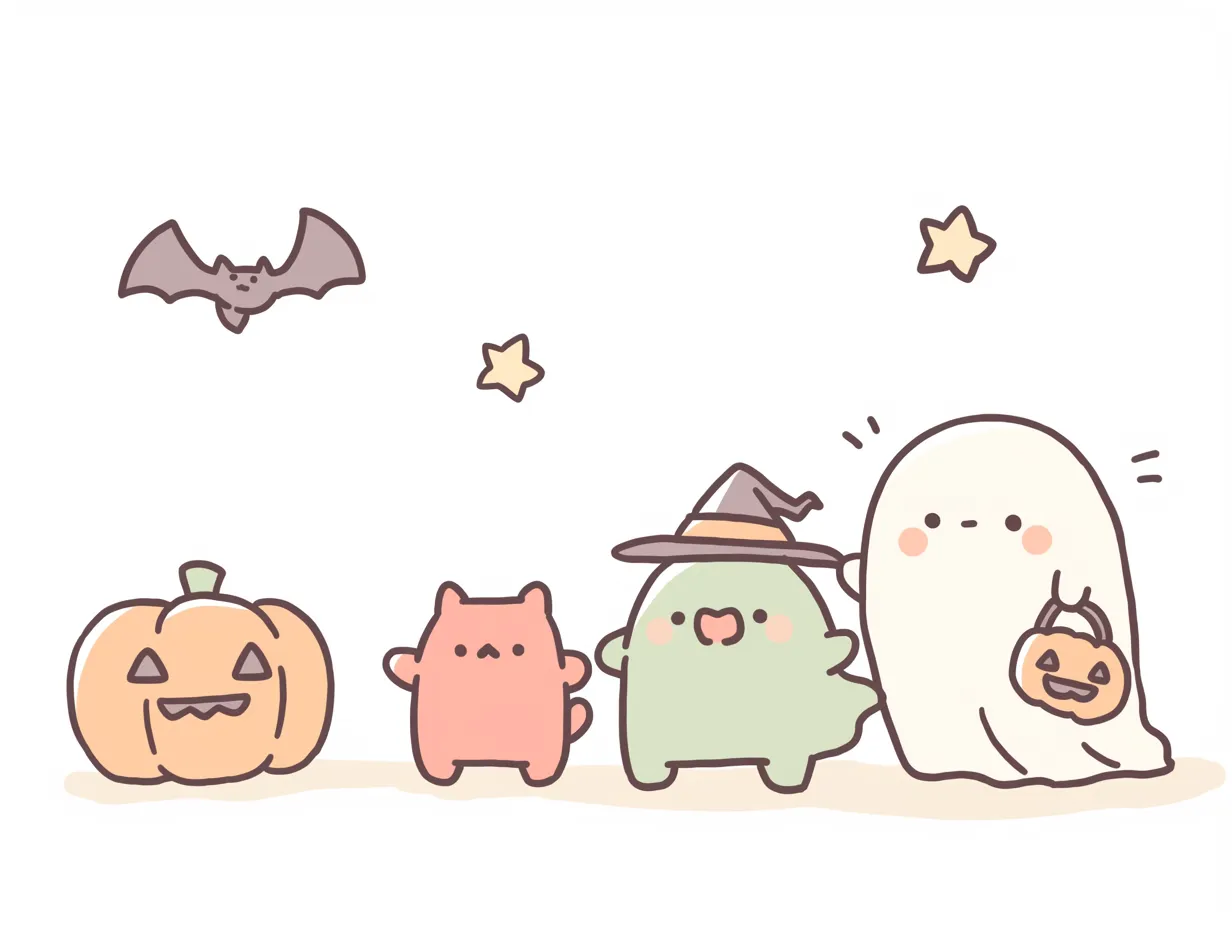 ハロウィン背景／ゆるキャラ仮装パレード｜ミニキャラ調の動物やゴーストたちが並ぶ、ほのぼの系ハロウィンイラスト。シンプルな線と優しい色使いで、子ども向け素材にもぴったりな背景です。