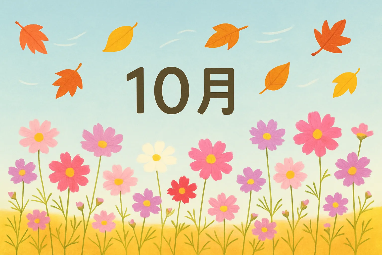 かわいい10月・青空と咲き誇るコスモス畑｜晴れ渡る空の下で咲くコスモスが爽やかで美しい一枚。自然の息吹と季節の彩りを感じる、清々しくてかわいい印象です。