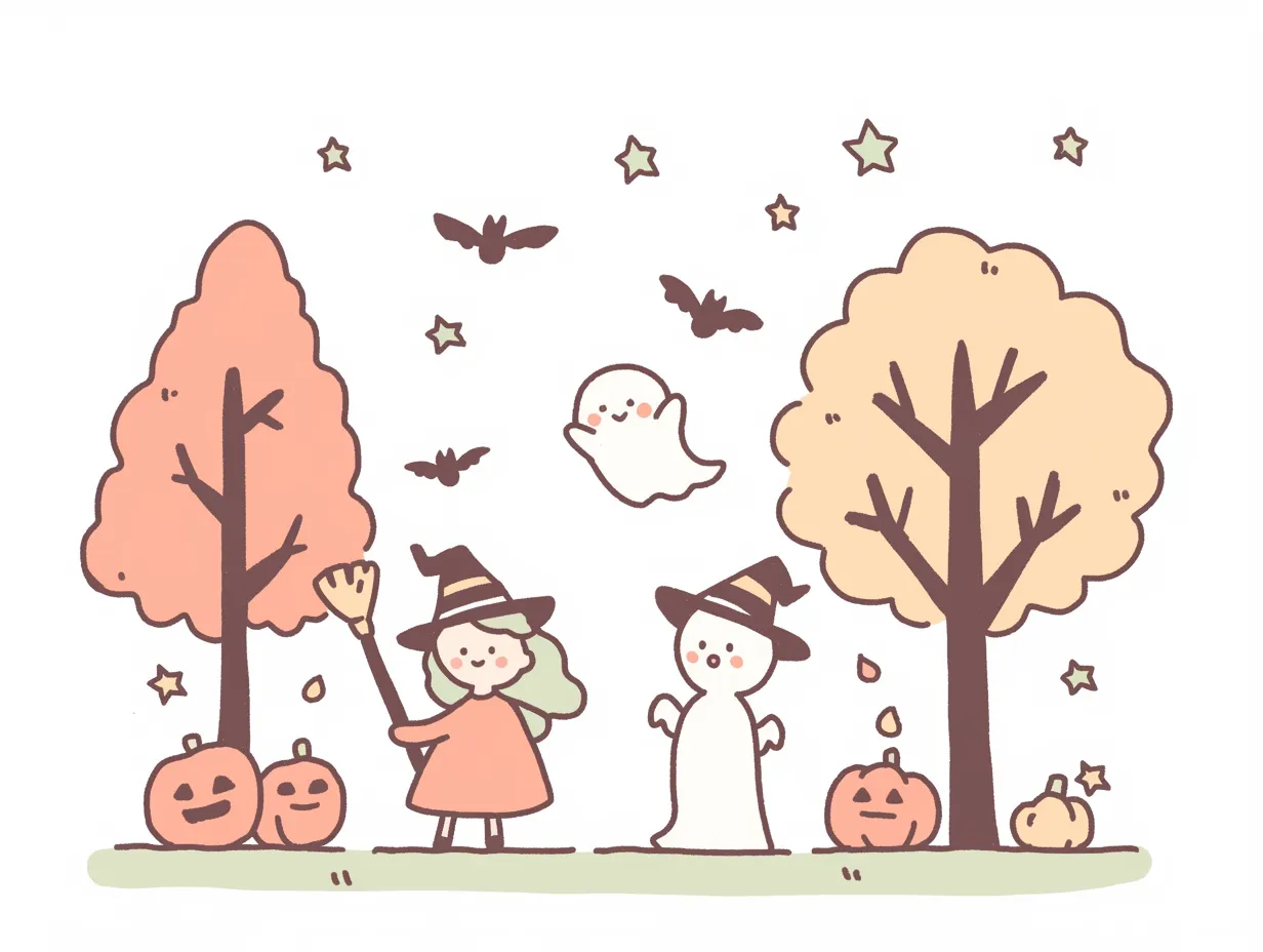 ハロウィン背景／森の中の魔女とゴースト｜手描き風の線と淡い色彩で描かれた、魔女の少女とゴーストたちが戯れる森の風景。秋の自然とともに、優しいストーリー性を感じるナチュラルな演出です。