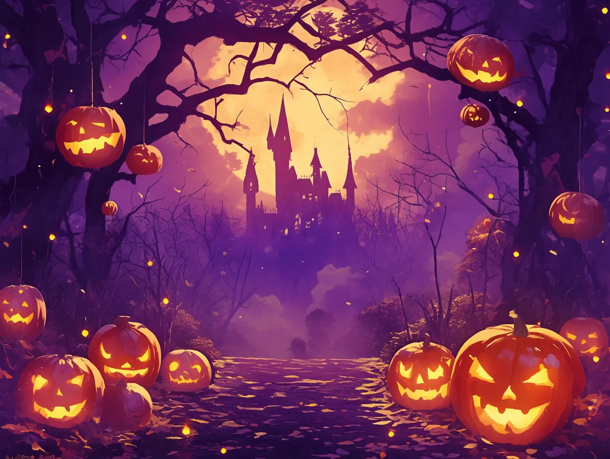 ハロウィン背景／月夜の城とカボチャたち｜紫の夜空に浮かぶ古城と、灯るジャック・オー・ランタンが幻想的な構図。奥行きある森の道と光の粒が、神秘的で幻想的な空間を彩ります。