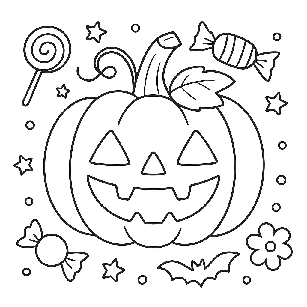 塗り絵ハロウィン／お菓子とカボチャ｜大きなジャック・オー・ランタンを中心に、キャンディや星、コウモリが散りばめられた楽しい構成。線が太くてわかりやすく、小さな子どもでも塗りやすいデザインです。