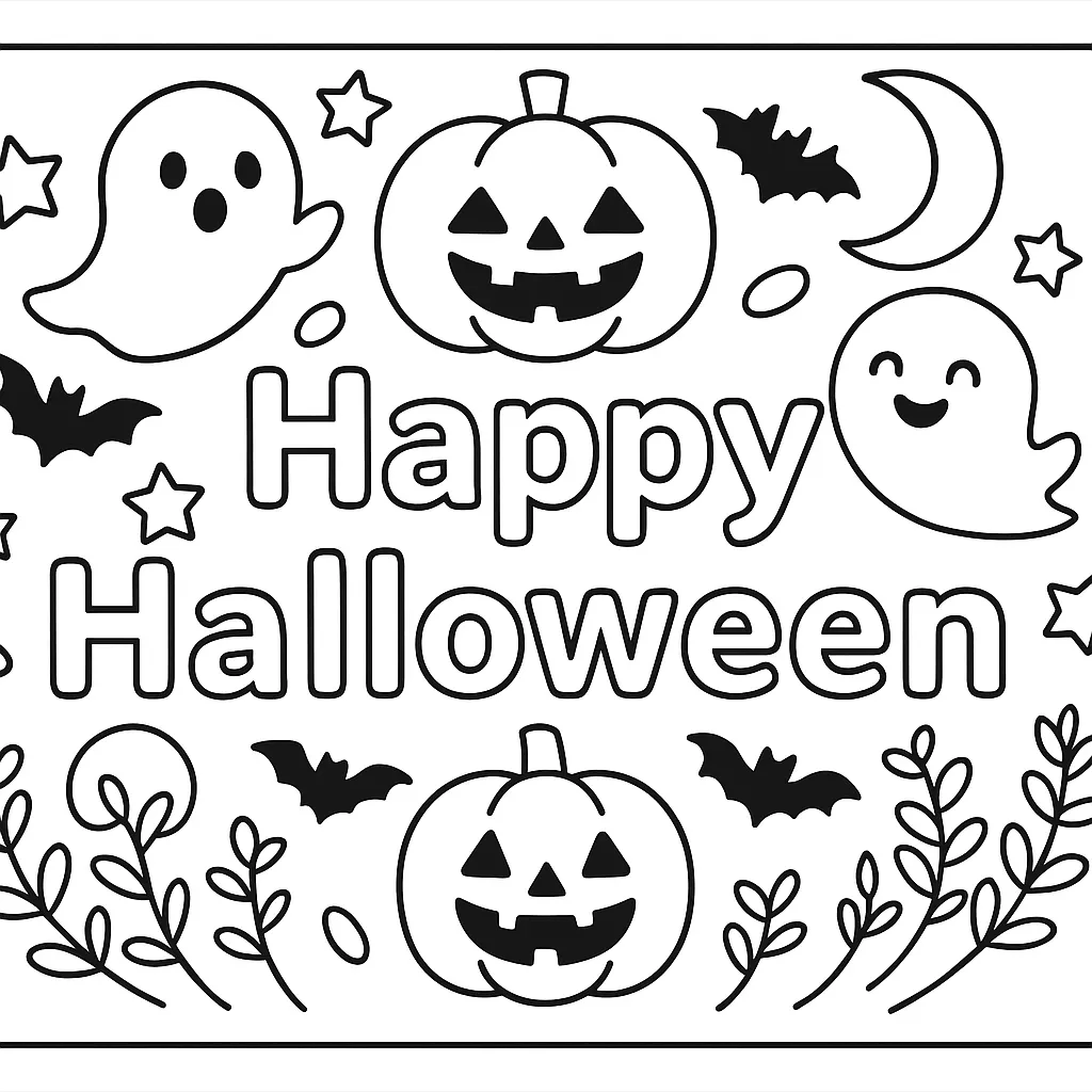 塗り絵ハロウィン／ゴーストと文字入り｜“Happy Halloween”の文字を囲むように、おばけやカボチャ、月が配置されたにぎやかな構図。全体が丸みを帯びた線で統一され、親しみやすく愛らしい印象を与えます。