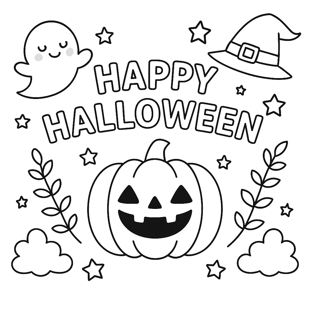 塗り絵ハロウィン／魔女帽子とカボチャ｜カボチャの中央にハロウィンの文字が配置された、シンプルながらまとまりのある構成。おばけや帽子も登場し、バランスよくかわいさを演出した塗り絵です。