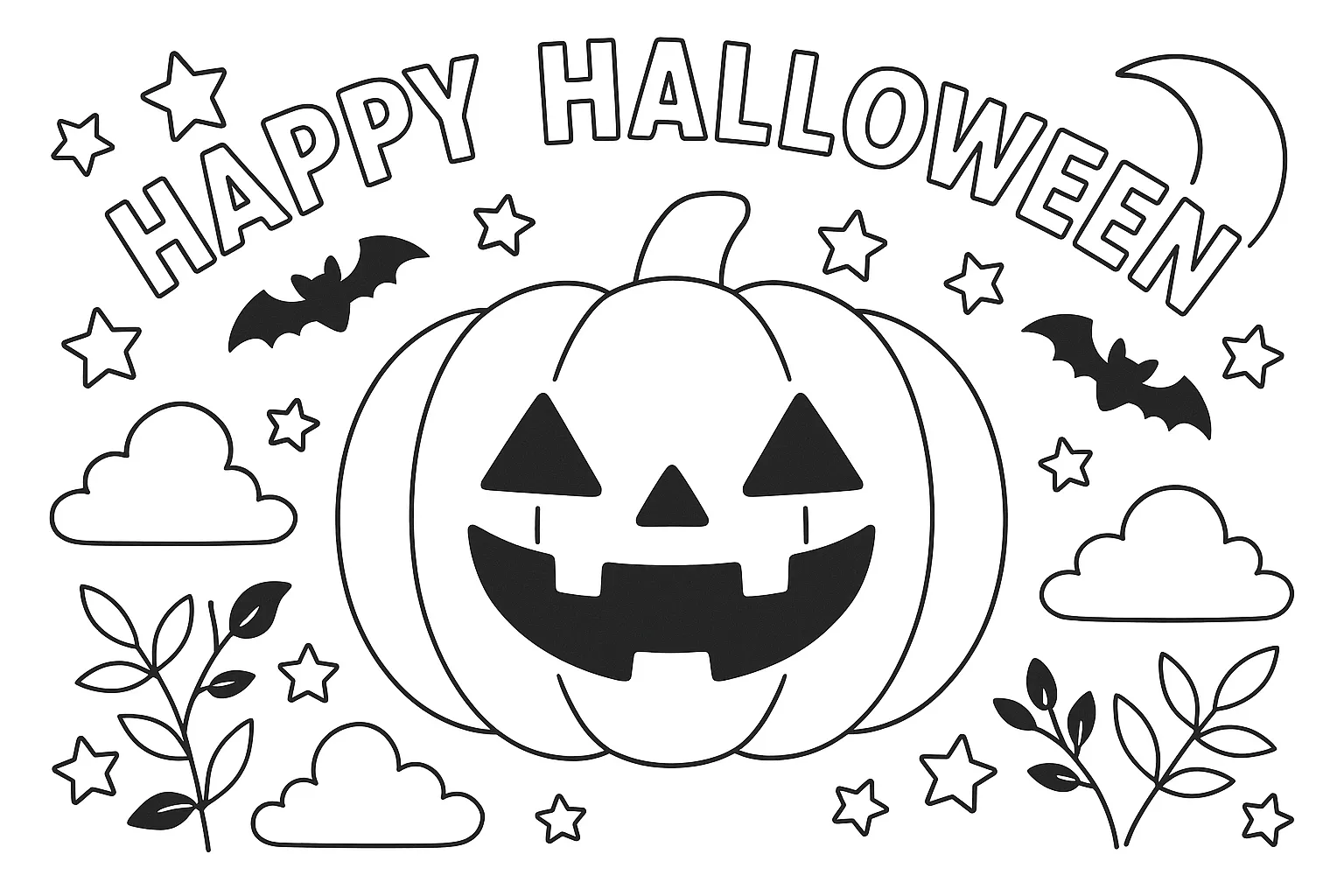 塗り絵ハロウィン／満月と笑顔カボチャ｜大きなカボチャを中心に、雲や星、こうもりが取り囲む構図。“Happy Halloween”の文字も大きく描かれ、イベント感をしっかり伝える構成になっています。