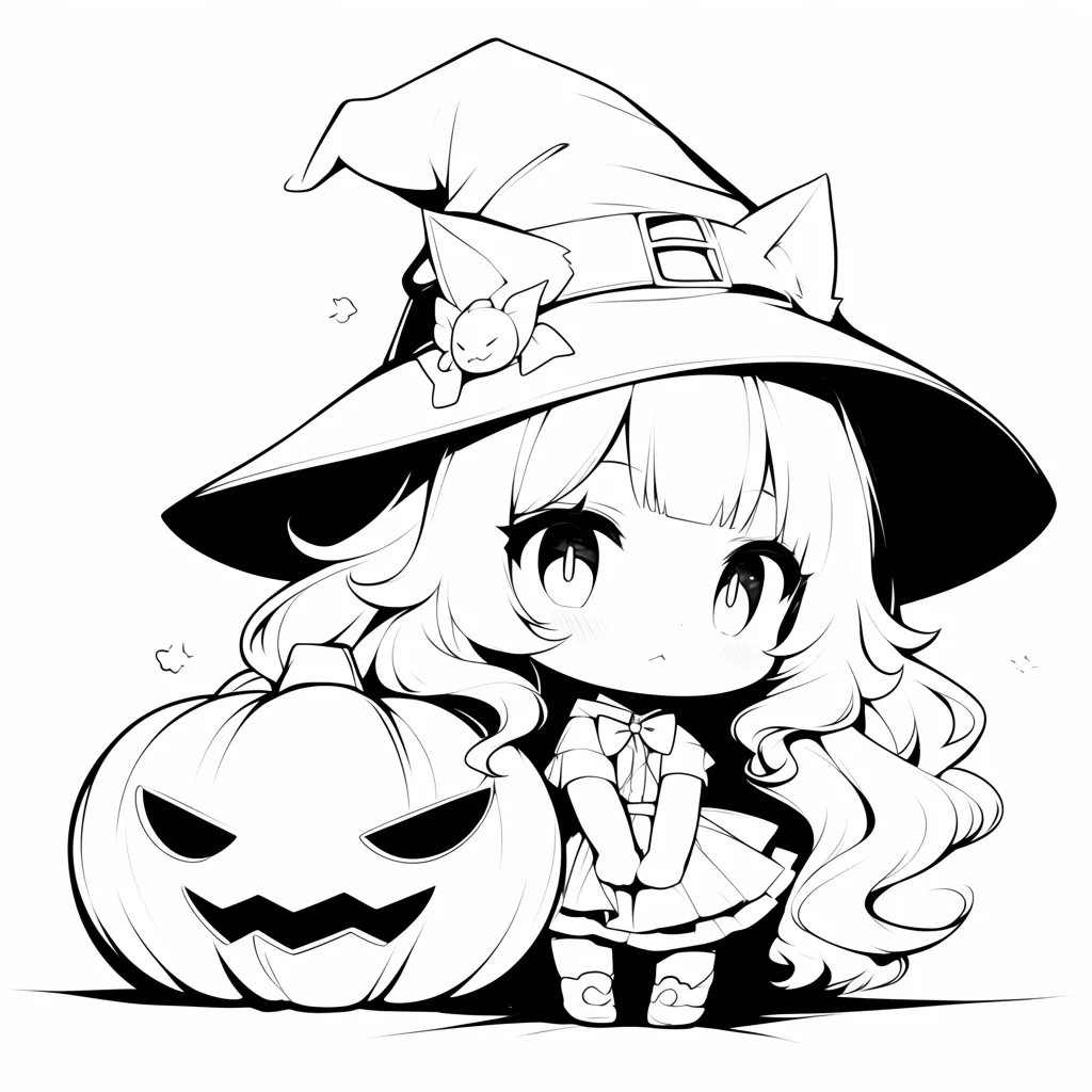 塗り絵ハロウィン／魔女っ子とカボチャ顔｜ちびキャラの魔女がジャック・オー・ランタンと並ぶ可愛らしい塗り絵。頭身の低いデフォルメスタイルで、キュートな魅力を存分に味わえる一枚です。