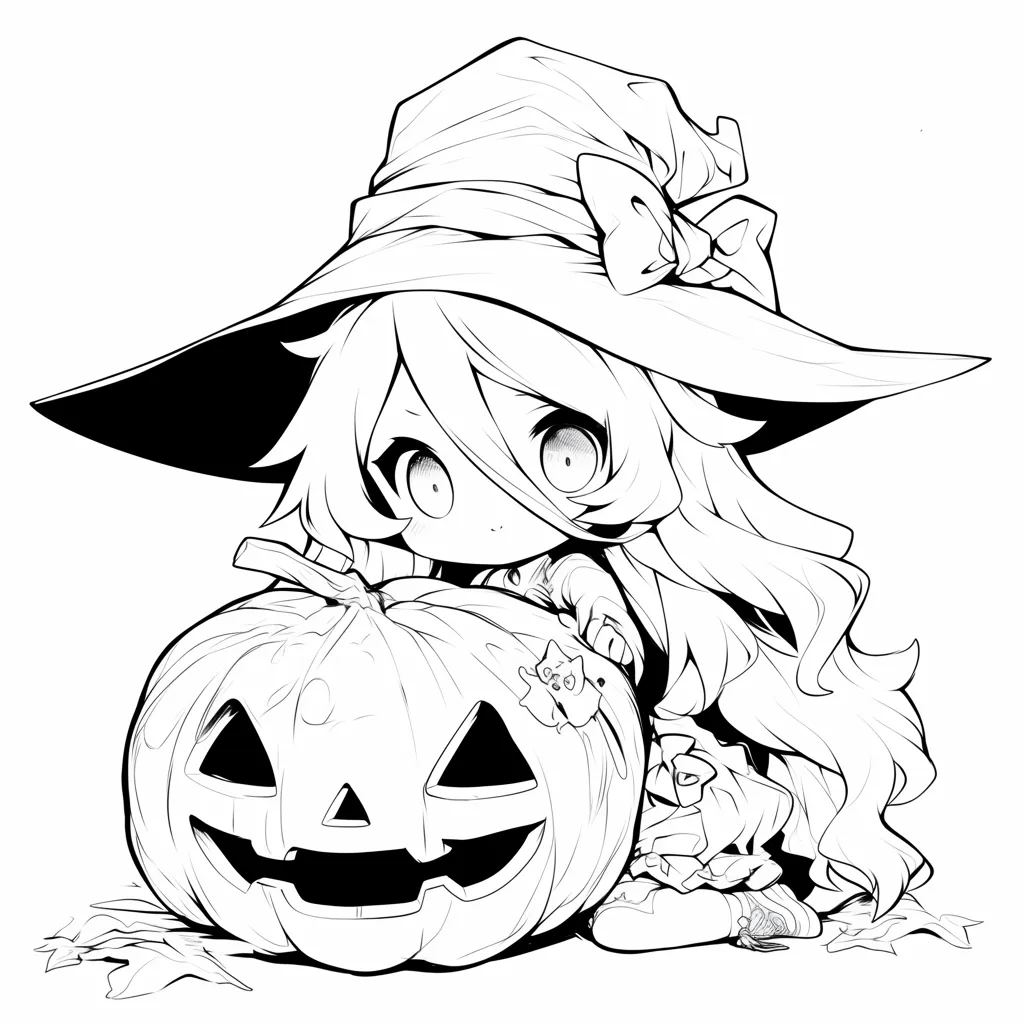 塗り絵ハロウィン／大きな帽子の魔女少女｜繊細な線で描かれたウィッチ風少女とリアルなカボチャ。表情や髪の流れも丁寧に描かれており、ぬりえとしても映える完成度の高いイラストです。