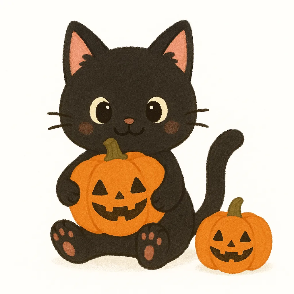 ハロウィンキャラクター／黒猫とかぼちゃ｜黒猫がジャック・オー・ランタンを抱えて座っている姿が愛らしいイラスト。やさしい色合いと柔らかな塗りで、親しみやすくほのぼのとした雰囲気に仕上がっています。