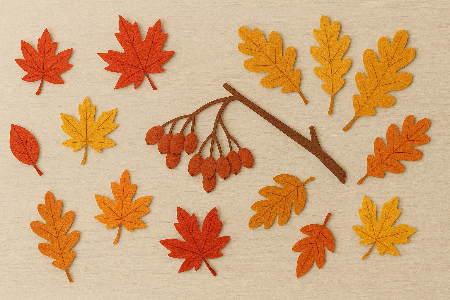 おしゃれな秋の壁面と紅葉と実｜枝付きの実と色とりどりの紅葉を並べたデザイン。木目調の背景と組み合わせたフェルトの温かみが特徴で、落ち着いた季節感とシンプルな装飾美を感じさせる一枚。