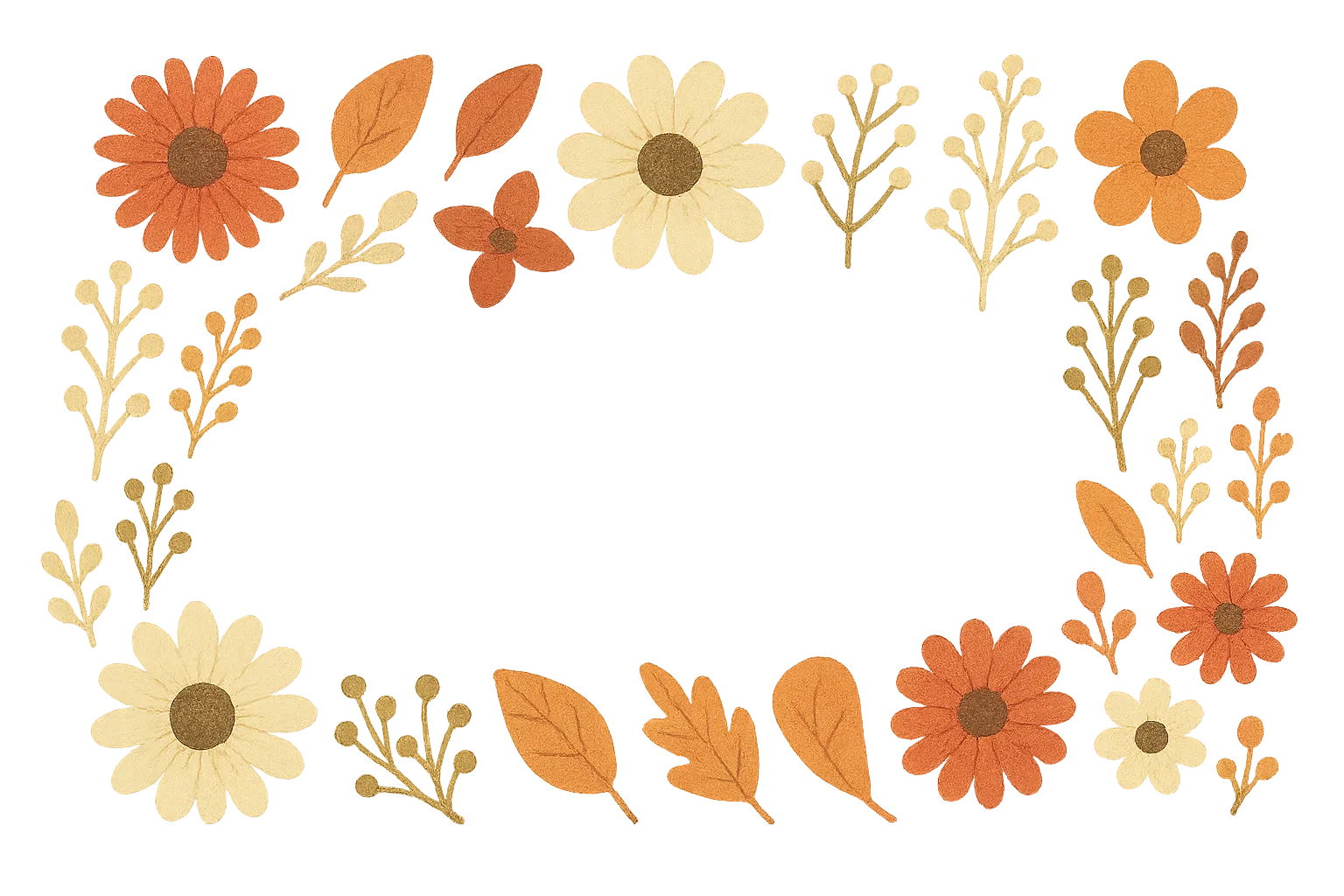 秋フレーム　花と紅葉のやさしい枠｜秋色に染まった花や紅葉がフェルトで描かれた繊細なフレーム。やわらかい光と淡いブラウンのグラデが心地よい、ナチュラルテイストの秋デザインです。