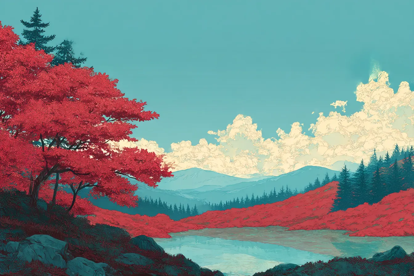 秋の背景・紅葉と湖の幻想風景｜深紅の紅葉と静かな湖が織りなす幻想的な秋の風景。緻密な線と色彩のコントラストが、透明感と奥行きのある美しさを生み出しています。