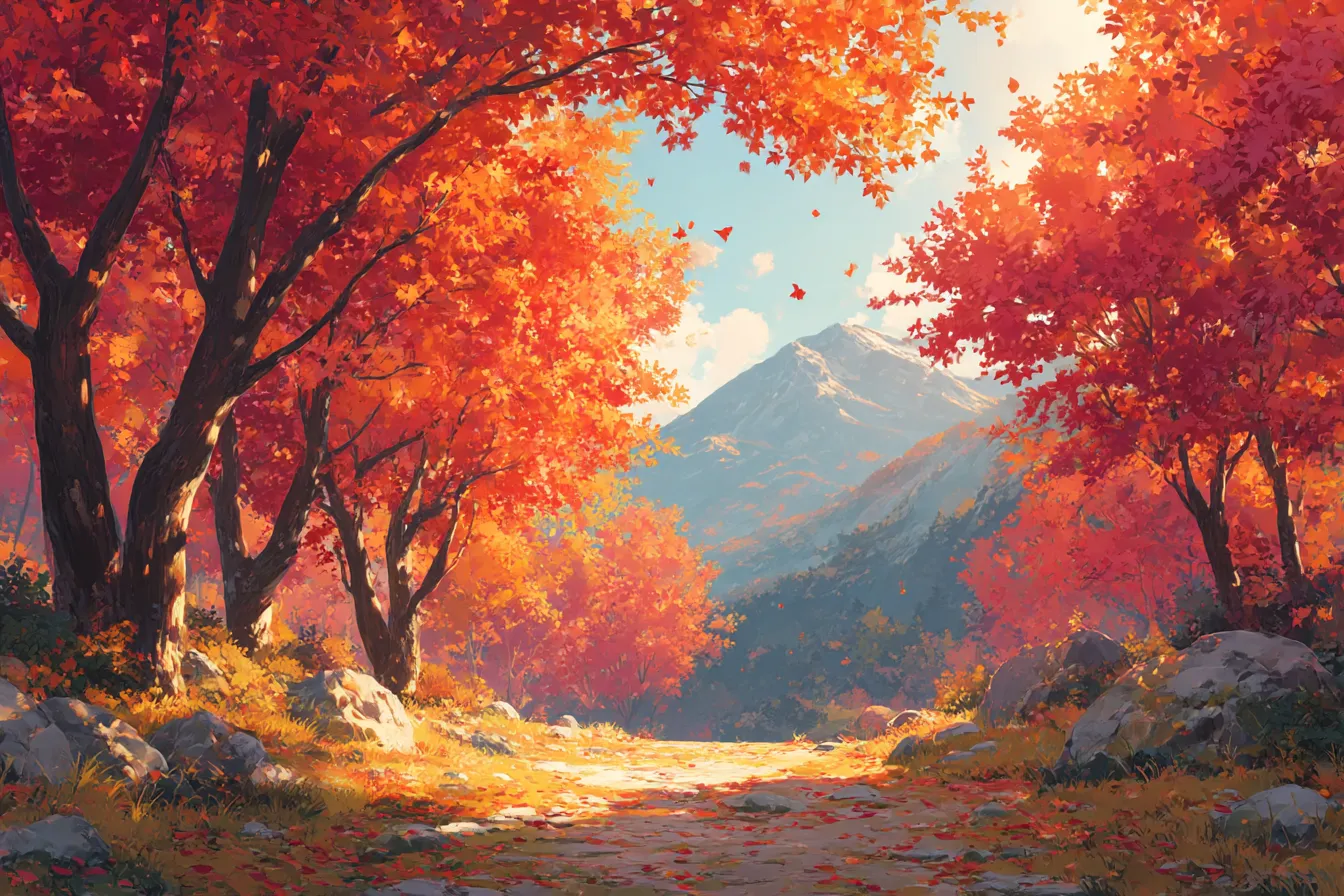 秋の背景・山道と紅葉トンネルの景色｜紅葉に包まれた山道を描いた風景。柔らかな光に包まれた紅葉のトンネルが、季節の移ろいと旅情を感じさせるドラマチックな構図です。