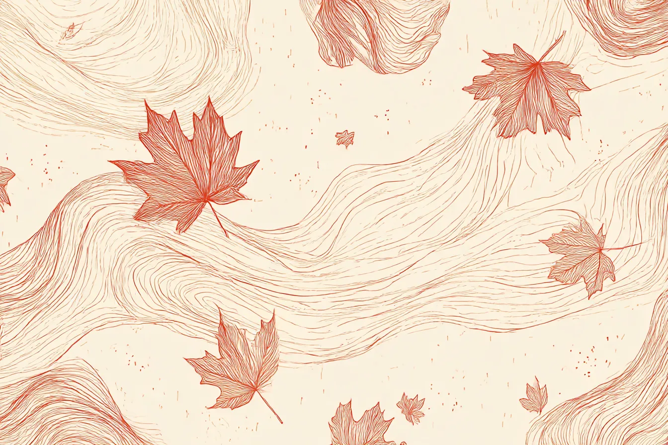 秋の背景・もみじと木目線のアート柄｜流れる木目調の線に、繊細な線画の紅葉が舞うアート的なデザイン。シンプルながら風の流れや静けさを感じる落ち着いた構成。