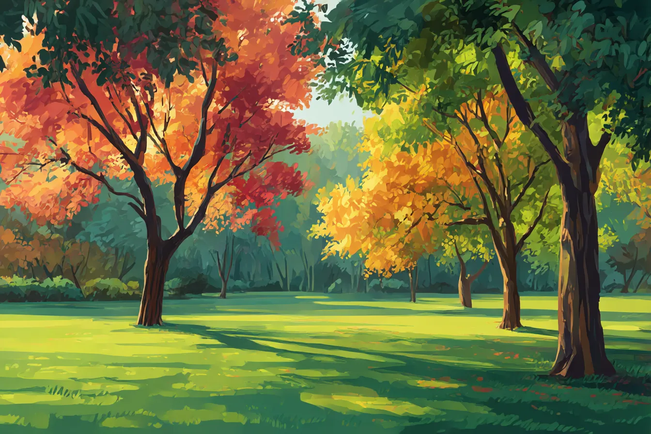 秋の風景・陽光に透ける公園の紅葉｜広々とした芝生の上に広がる紅葉と黄葉の並木が、柔らかな陽光に照らされてきらめく。鮮やかな色彩と木漏れ日が心地よく、やさしく穏やかな秋の午後を表現。