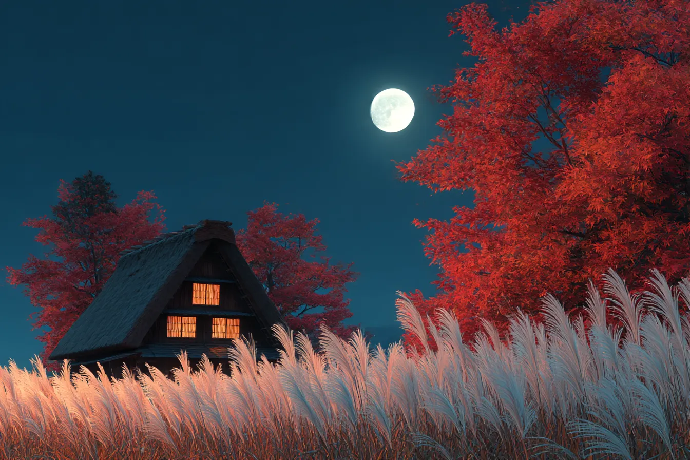 秋の風景・満月と赤紅葉の山里の家｜満月に照らされた合掌造りの家と真紅に染まった紅葉が静かに寄り添う夜の秋景色。月光と窓の灯りの対比が温もりを引き立て、幻想的で詩的な雰囲気。