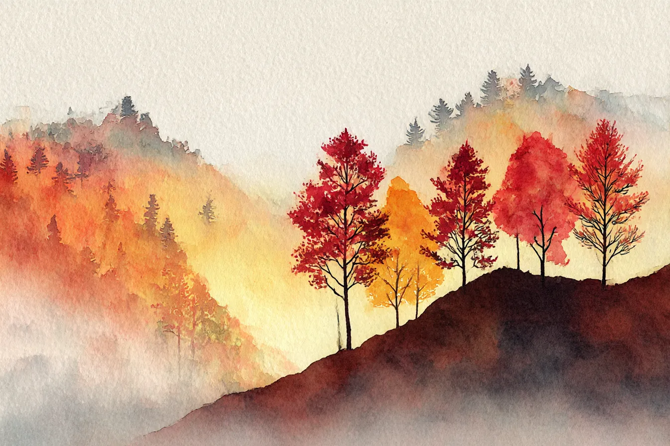 秋の風景・山の稜線に佇む紅葉の木々｜水彩画風に描かれた霧に包まれた山々と紅葉した木々が、静かに季節の移ろいを物語る。にじみと淡い色合いが柔らかく繊細で、心を落ち着かせる印象を与える。