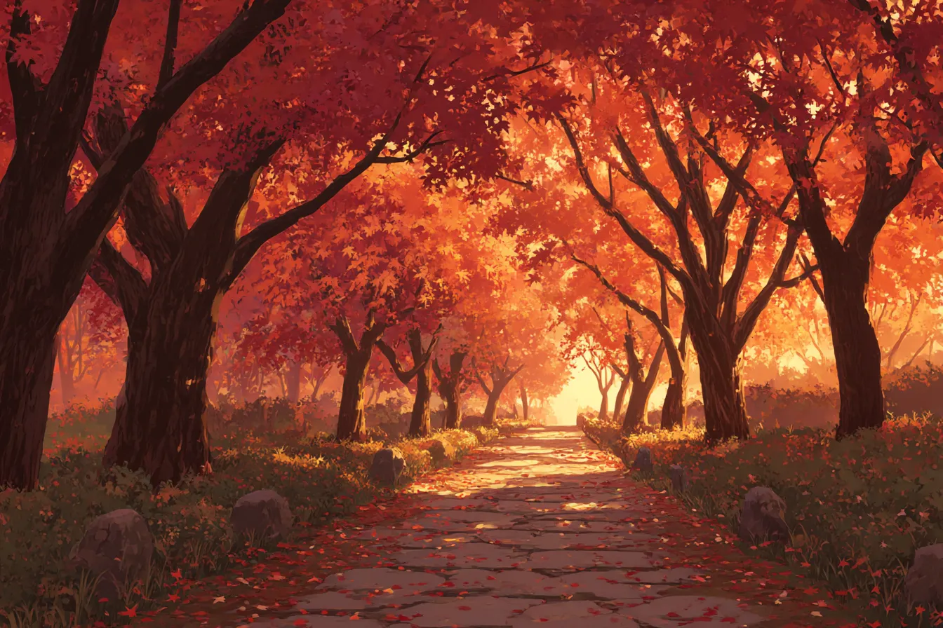 秋の紅葉・夕陽に照らされる紅葉並木｜真っ赤に染まる紅葉並木が石畳の道を包み込むように続き、奥に向かう光の表現があたたかく幻想的。ややアニメ調の構図で、秋の終わりの情感がにじむ一枚。