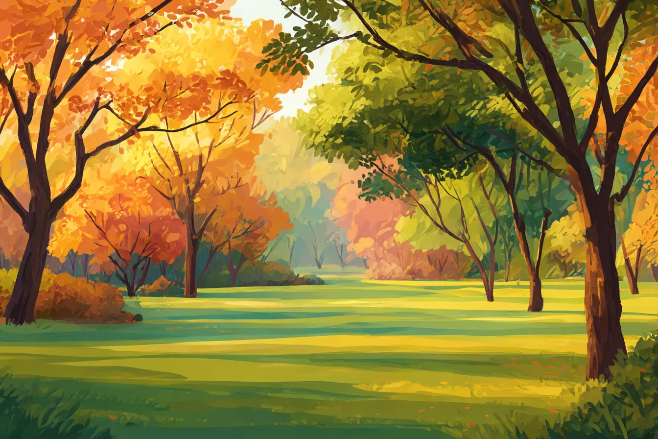 秋の紅葉・広がる黄葉と緑のコントラスト｜明るく柔らかいタッチで描かれた木々の紅葉と緑葉が鮮やかに対比し、秋の陽だまりの心地よさが伝わる。色彩の調和が印象的な、穏やかで爽やかな風景。