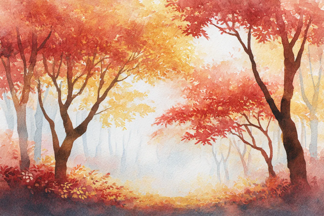 秋の紅葉・水彩で描く幻想的な森の紅葉｜霧が立ち込める森の中、にじみ表現が美しい水彩画で赤や黄色の紅葉が優しく広がる。静寂と温かさが共存し、夢の中にいるような柔らかい世界観を演出。