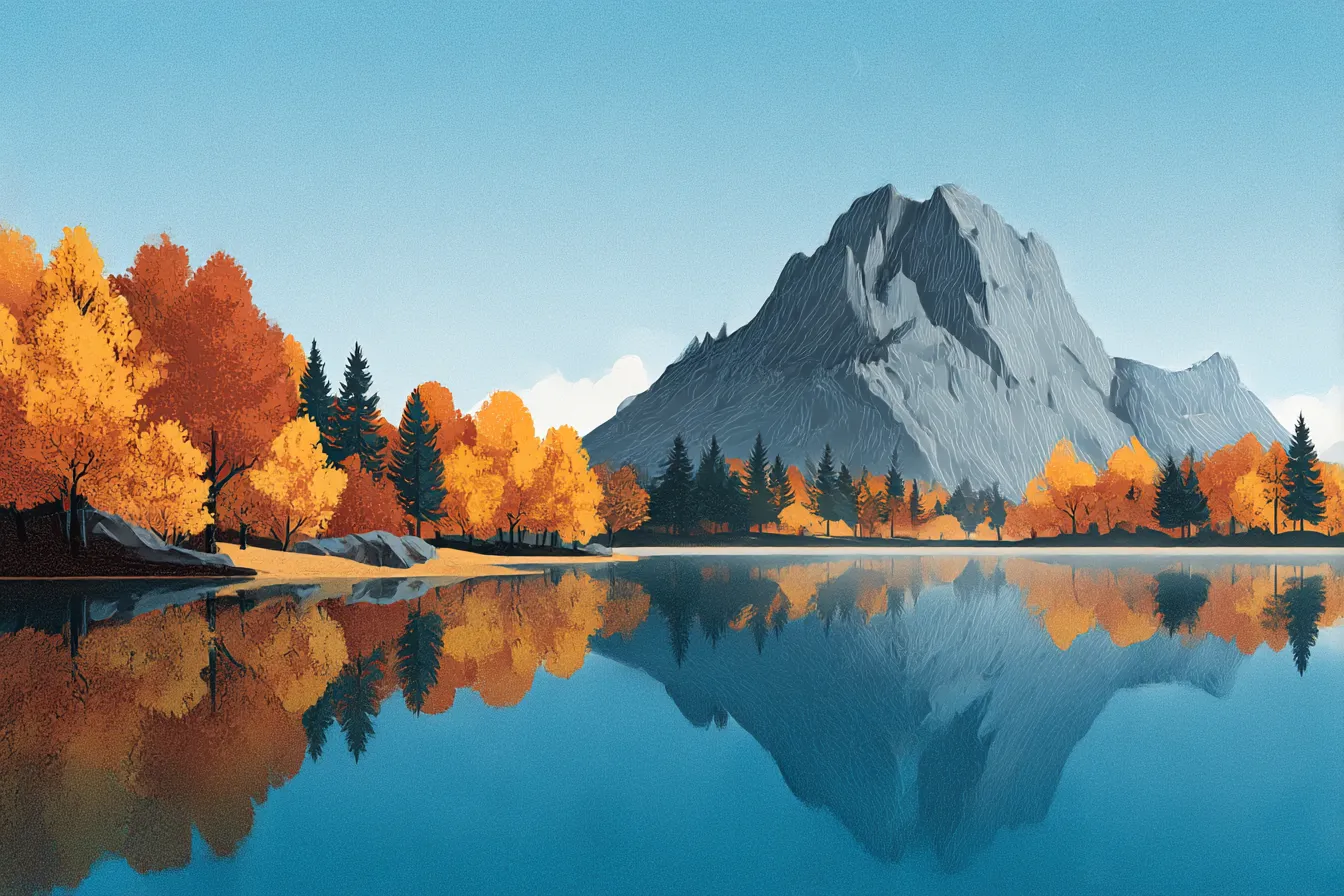 秋の山・湖に映る岩山と紅葉林｜澄んだ湖に映る雄大な岩山と色鮮やかな紅葉林が調和した構図。リノカット風の描線と明快な配色が印象的で、力強くも静かな秋の山の魅力を伝える。