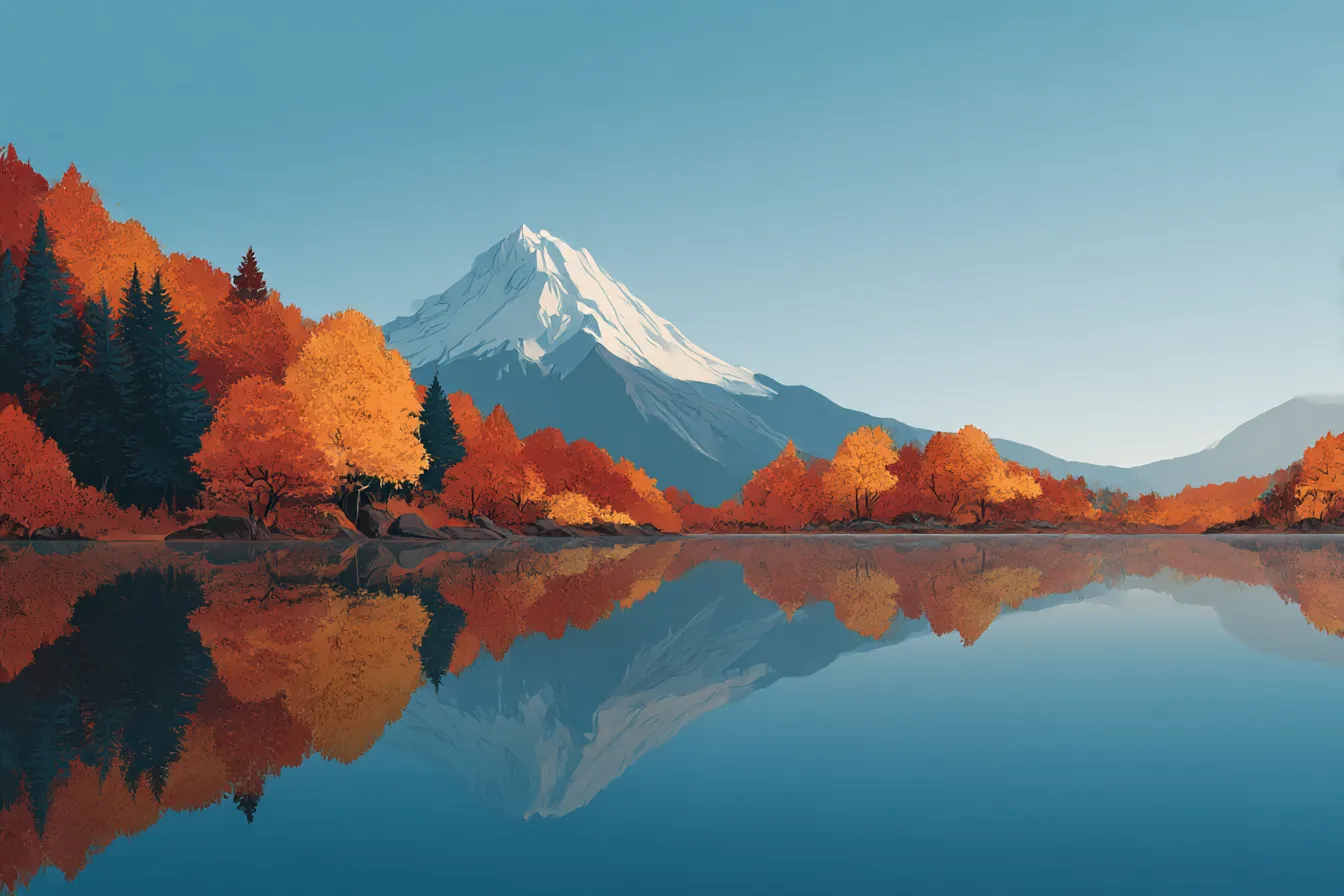 秋の山・雪山と湖畔の紅葉風景｜冠雪した山と湖畔の紅葉が鮮烈なコントラストをなす風景。シャープな陰影と滑らかなグラデーションが映える構成で、清涼感と秋の深まりを同時に感じさせる。