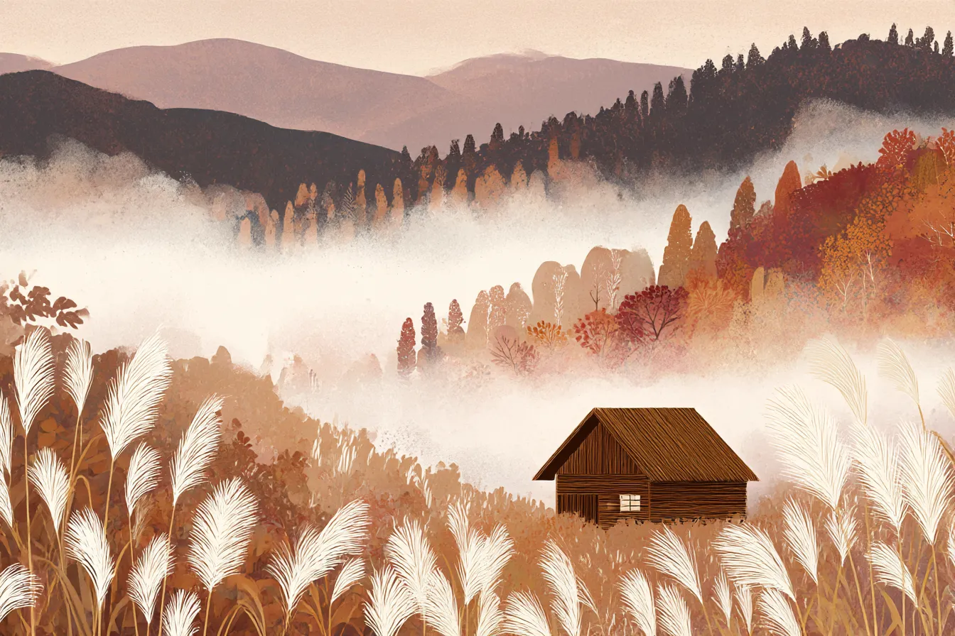 秋の山・すすき野と山小屋の朝霧｜すすきが揺れる丘と山小屋、霧がかかる紅葉の山々が柔らかな色調で描かれる。版画風の質感があたたかみを添え、穏やかでノスタルジックな秋の朝を演出。