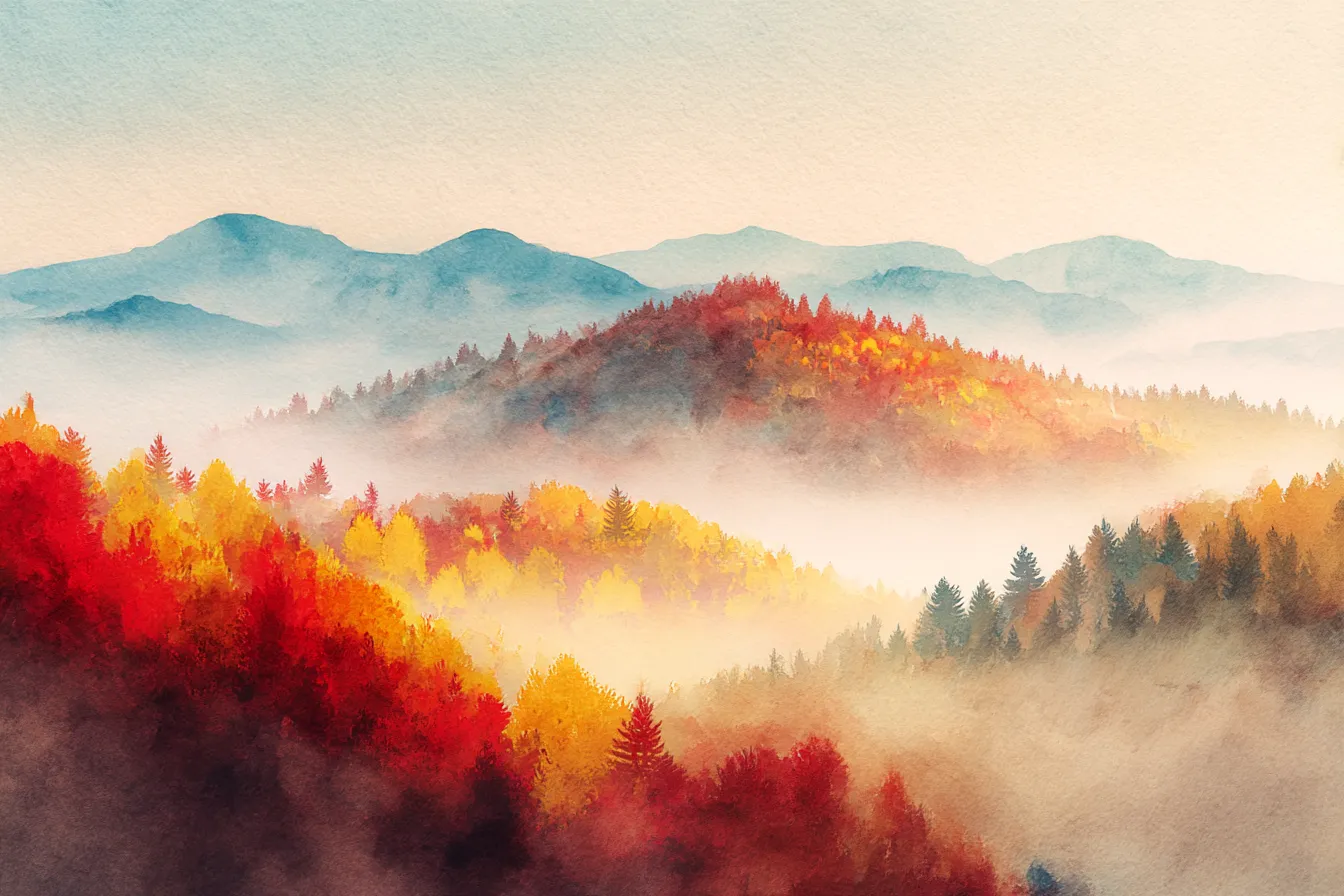 秋の山・霧に包まれた紅葉の山並み｜鮮やかな紅葉が霧に溶け込むように広がる山の風景。水彩ならではのにじみ表現が幻想的で、静寂の中に広がる秋の山の美しさが余韻を残す。