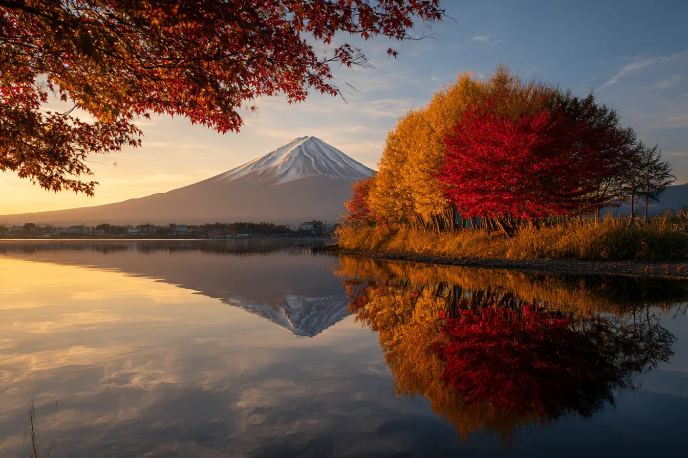 秋の風景・写真に映る富士山と黄紅葉｜黄葉と赤く染まった木々が湖畔に立ち並び、その背景に富士山が優美にそびえる。鮮やかな色彩と静かな水面の写り込みが、写真らしい臨場感を演出している。